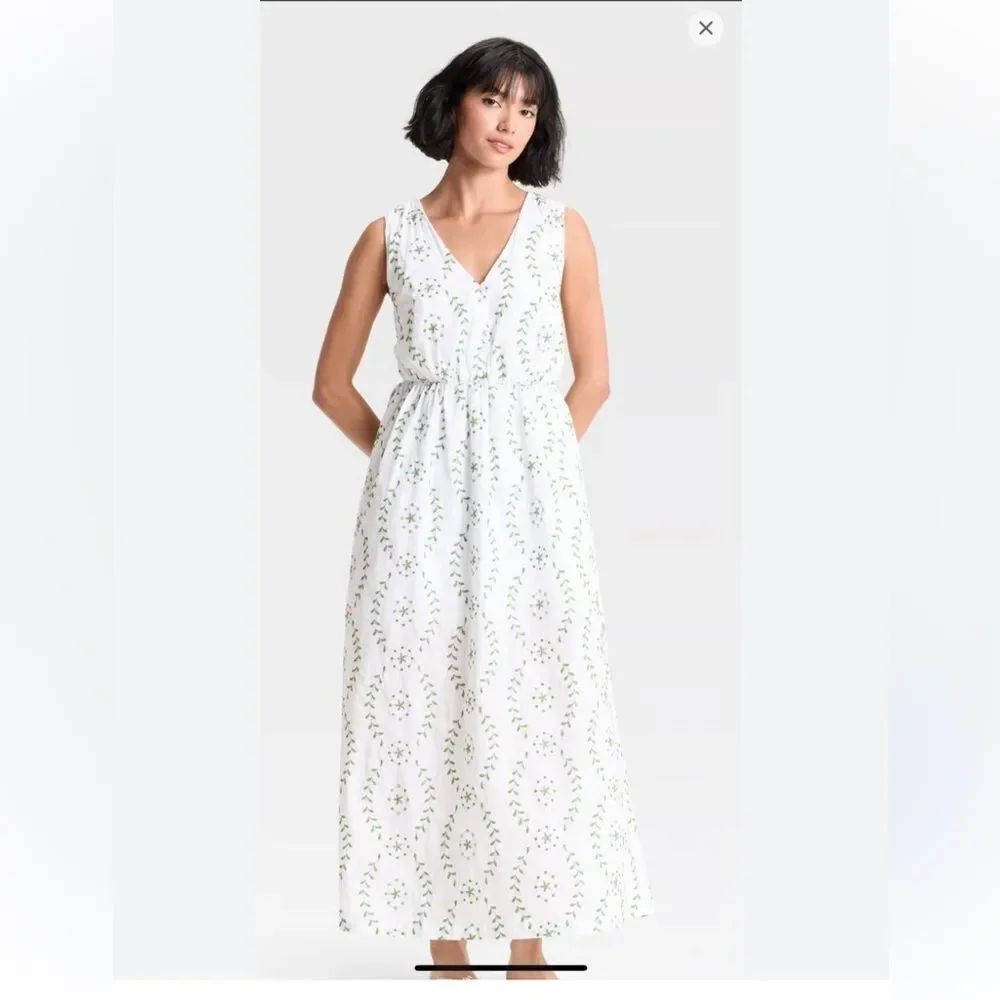 A New Day Green Embroidery White Strappy Maxi Dress